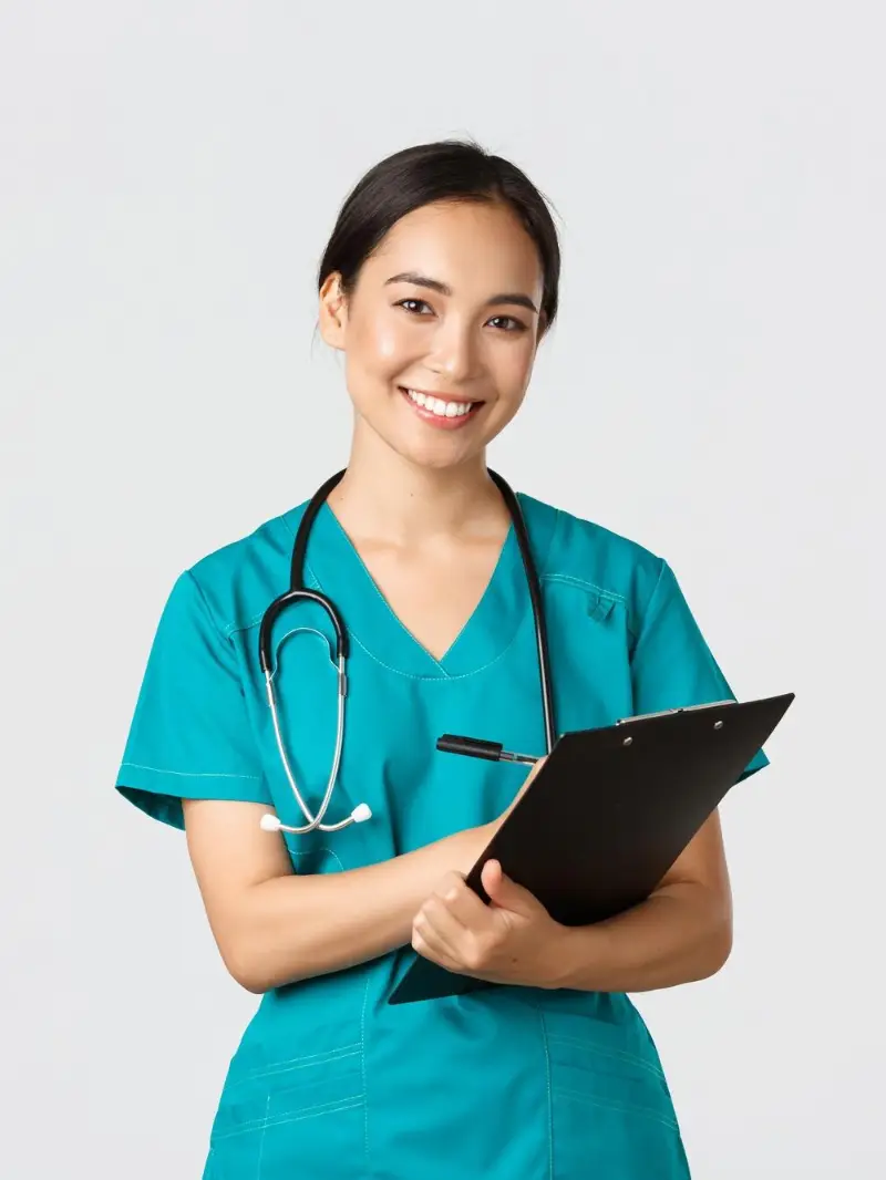 Healthcare workers preventing virus quarantine campaign concept Cheerful friendly asian female physician doctor with clipboard during daily checkup standing white background